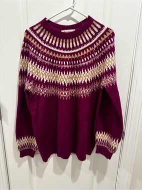 LOFT Fair Isle Knit Sweater Burgundy Cream XL NWT